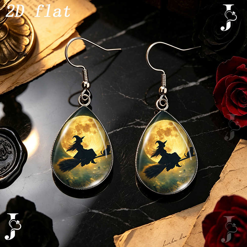 Full Moon Witch Silhouette Teardrop Earrings